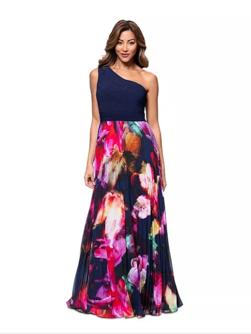 Xscape NWT One Shoulder Floral Pleated Maxi Dress Navy Pink Size 6P $279